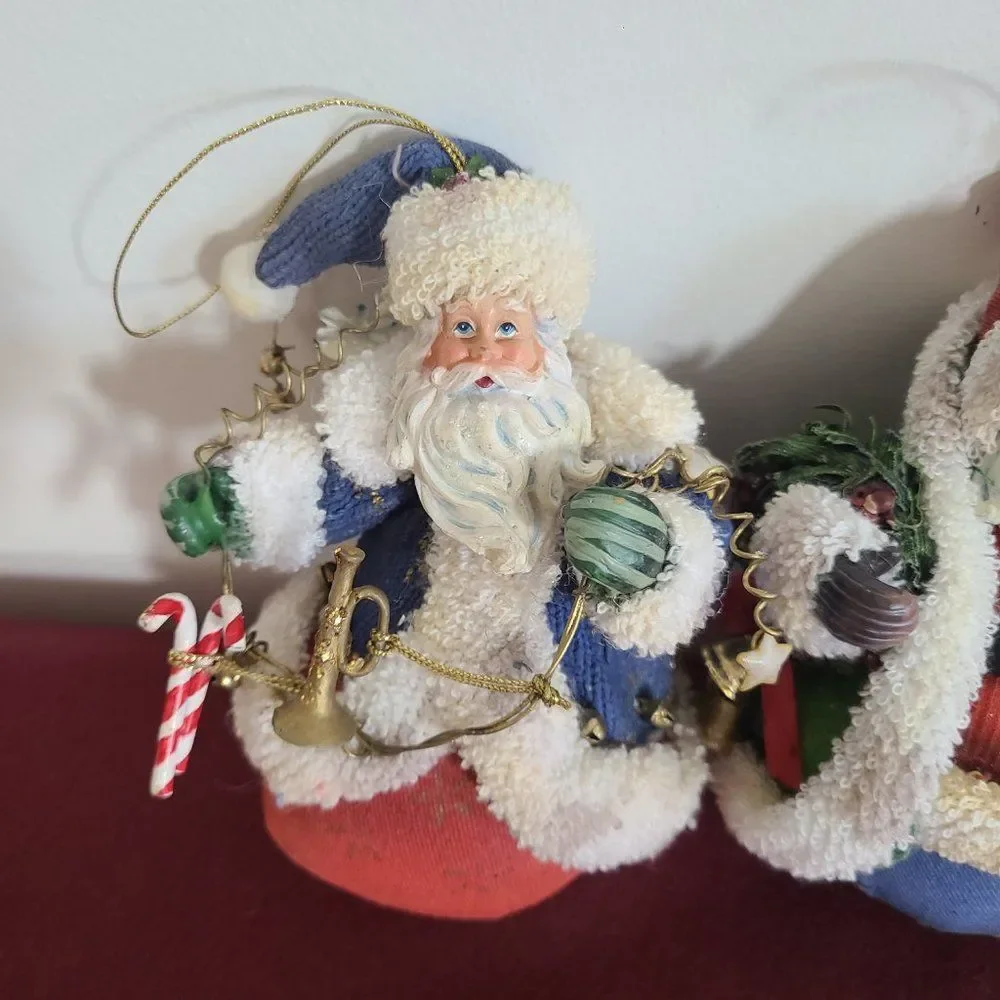 Vintage Fabric Mache Holiday Winter Christmas Ornaments Three Old World Santas